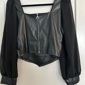 Black leather with sheer sleeves top